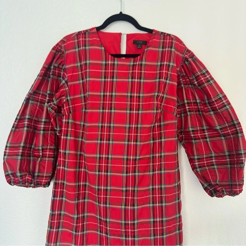 J. Crew Red Plaid Puff Long Sleeve Dress